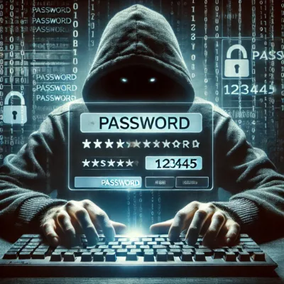 This digital illustration depicts a hacker typing on a keyboard in a dimly lit environment, their face obscured by shadows and the glow of a computer screen. Overlaid on the image is a password input field displaying the commonly used yet highly insecure credentials: "password" and "12345." The background is filled with ominous binary code and warning symbols, emphasizing the dangers of weak passwords and cybersecurity threats. The overall atmosphere conveys a sense of vulnerability, highlighting how easily hackers can exploit predictable passwords.