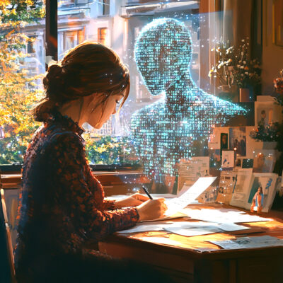 AI learning you to steal from you A woman writes at her desk while a glowing, humanoid figure made of digital code looms nearby—representing an AI-driven phishing attacker observing and learning from her behavior.