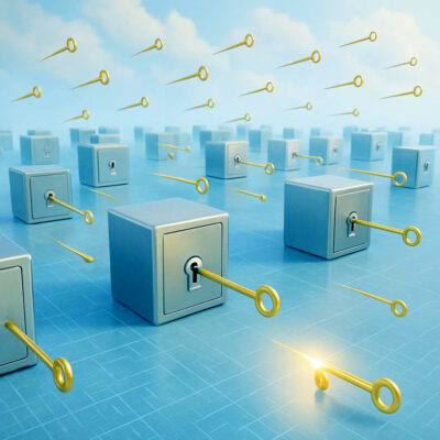 credential_stuffing_lightened_image A photorealistic 3D digital illustration showing golden keys flying like guided missiles toward a grid of safes suspended in a glowing digital landscape. One key inserts into a keyhole, emitting a bright light, symbolizing a successful credential stuffing attack.