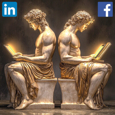 Divine Separation of Work and Personal Accounts Two classical Greek-style statues, sitting back-to-back, each holding a glowing digital tablet. The statues represent the importance of keeping work and personal logins securely separate to avoid the hidden dangers of mixed accounts.