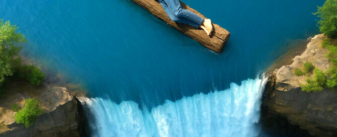 A person peacefully sleeps on a log floating toward the edge of a massive waterfall, symbolizing the risky complacency we often have toward cybersecurity threats. This visual metaphor highlights the danger of ignoring cybersecurity warnings and the urgent need to break bad digital habits.