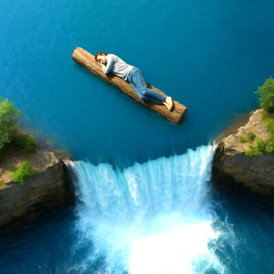 Drifting sleepily toward cyber doom A person peacefully sleeps on a log floating toward the edge of a massive waterfall, symbolizing the risky complacency we often have toward cybersecurity threats. This visual metaphor highlights the danger of ignoring cybersecurity warnings and the urgent need to break bad digital habits.