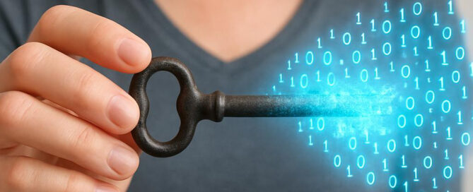 Close-up of a woman’s hand holding a vintage skeleton key, with the tip of the key morphing into glowing blue 1s and 0s, representing digital security.
