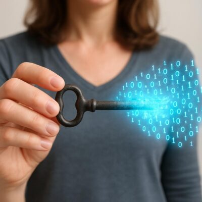 Close-up of a woman’s hand holding a vintage skeleton key, with the tip of the key morphing into glowing blue 1s and 0s, representing digital security.