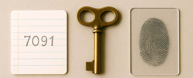 A photo of three security-related objects neatly arranged on a beige surface: a notecard with the handwritten number "7091" on the left, an antique brass clock key in the center, and a transparent card displaying a black fingerprint on the right.