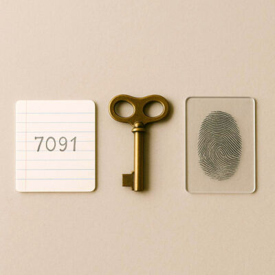 Three Pillars of Authentication Know, Have, Are A photo of three security-related objects neatly arranged on a beige surface: a notecard with the handwritten number "7091" on the left, an antique brass clock key in the center, and a transparent card displaying a black fingerprint on the right.