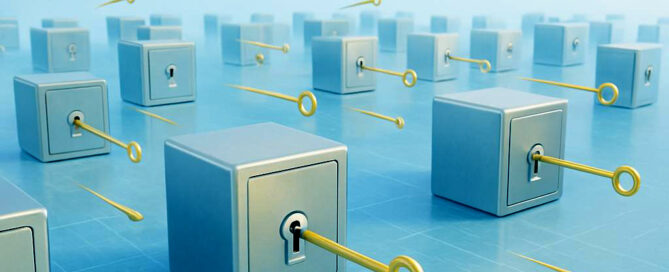A photorealistic 3D digital illustration showing golden keys flying like guided missiles toward a grid of safes suspended in a glowing digital landscape. One key inserts into a keyhole, emitting a bright light, symbolizing a successful credential stuffing attack.