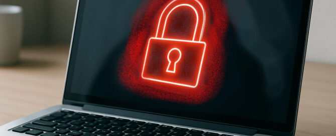 A laptop screen displaying a padlock icon with a faint red warning triangle. The shadowy reflection of a figure appears in the screen, suggesting a cyber threat. The background is minimal and softly lit.