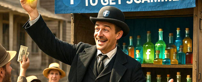 A vintage-style scene of a smiling 1800s snake oil salesman in a black suit and bowler hat, holding a glowing green bottle with a Facebook logo. Behind him is a wooden cart filled with colorful bottles and a banner that reads “Step Right Up to Get Scammed.” Several townspeople excitedly offer cash.