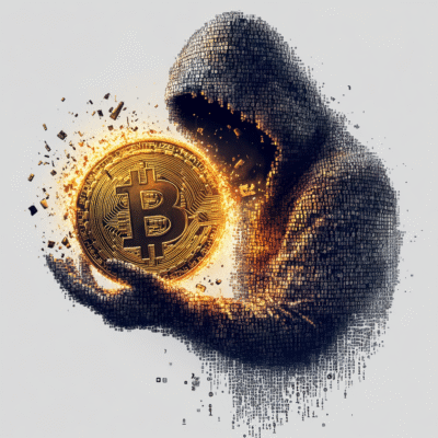 A hooded figure composed of subtle binary code holds a glowing gold Bitcoin coin that's dissolving into digital fragments. The figure's face is hidden in shadow, and its body gradually disintegrates into pixels, symbolizing cryptocurrency theft. The background is clean and light-colored.