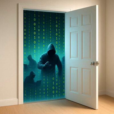 hackers wait to access your information through backdoor app permissions Open door revealing hooded hackers behind glowing binary code, symbolizing unauthorized access through a digital backdoor.