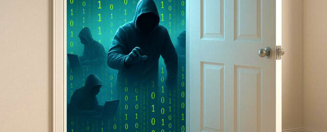 Open door revealing hooded hackers behind glowing binary code, symbolizing unauthorized access through a digital backdoor.