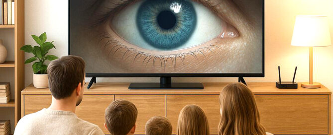 A photo-realistic image of a family of four sitting on a beige sofa in a modern living room, watching TV with a large, glowing, all-seeing eye on the screen. The image highlights the hidden surveillance risks associated with Smart TVs and underscores the importance of protecting personal privacy.