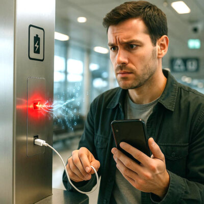 public-usb-charging-risk A concerned man at an airport plugs his smartphone into a public USB charging station. A red glow and digital binary code stream from the port, symbolizing data theft or a "juice jacking" cyberattack.
