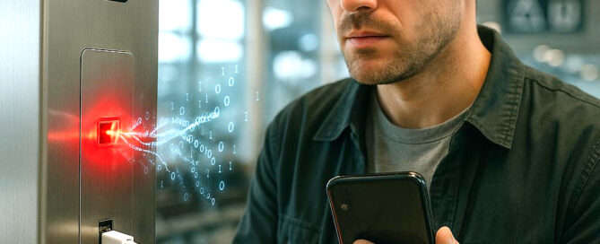 A concerned man at an airport plugs his smartphone into a public USB charging station. A red glow and digital binary code stream from the port, symbolizing data theft or a "juice jacking" cyberattack.