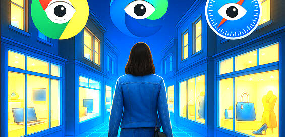 A woman in a denim outfit walks down a glowing blue digital street flanked by shop windows displaying tech and fashion items. Above her, stylized eyes are embedded in the logos of Google Chrome, Microsoft Edge, and Apple Safari, symbolizing online tracking and surveillance.