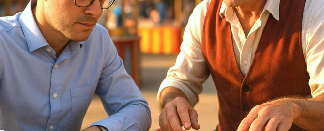 A man in business attire plays a classic shell game with a carnival operator under bright, colorful tents. The image captures the psychology behind successful scams: how even the most intelligent individuals can be deceived by clever tricks and hidden threats.