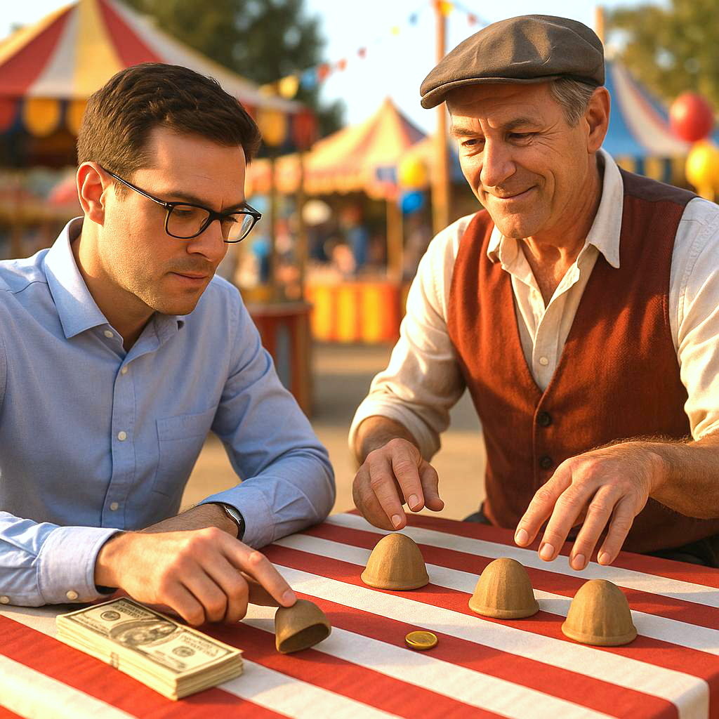 How Scams Fool the Smartest Minds A man in business attire plays a classic shell game with a carnival operator under bright, colorful tents. The image captures the psychology behind successful scams: how even the most intelligent individuals can be deceived by clever tricks and hidden threats.
