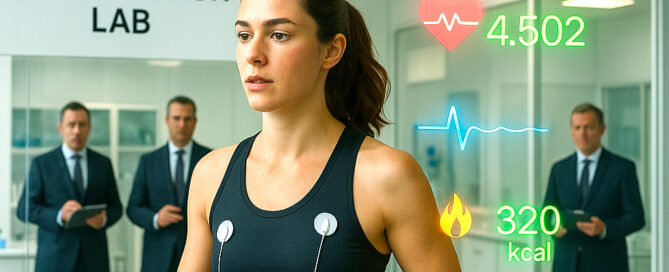 A woman jogs on a treadmill in a modern lab, surrounded by colorful floating biometric data icons (heart rate, steps, ECG), as three men in suits observe her from behind a glass wall labeled "Private Health Data Monetization Lab"—emphasizing the hidden risks of health apps that collect personal health data without users’ full awareness.