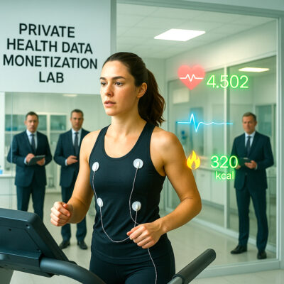 Your health data on display A woman jogs on a treadmill in a modern lab, surrounded by colorful floating biometric data icons (heart rate, steps, ECG), as three men in suits observe her from behind a glass wall labeled "Private Health Data Monetization Lab"—emphasizing the hidden risks of health apps that collect personal health data without users’ full awareness.